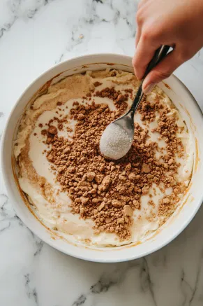 The mixture of brown sugar and cornflour is being sprinkled evenly over the pudding batter in the baking dish on the white marble cooktop, creating a topping layer.