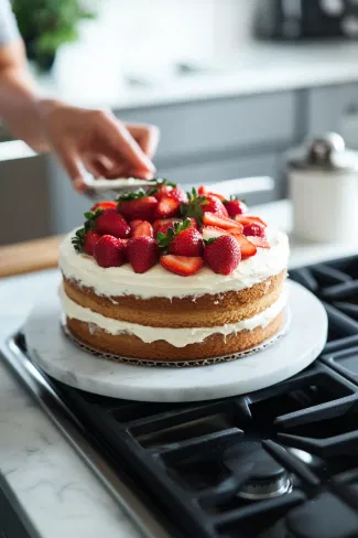 Additional cake layers are being added one by one over the white marble cooktop, each topped with filling and strawberries, creating a multi-layered dessert.