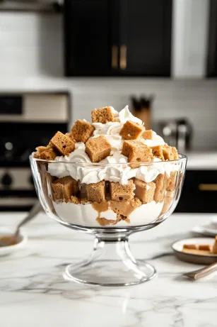 A large trifle bowl on the white marble cooktop shows the beginning of the layering process. A base layer of whipped cream is spooned in, followed by a layer of gingerbread cake cubes. The cake layer is lightly drizzled with rum, gingerbread syrup, or liqueur to add flavor depth.