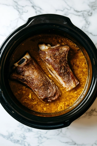 A black slow cooker sits on the white marble cooktop, filled with two large smoked neck bones in golden chicken broth, as a sprinkle of soul seasoning is added to the mixture.