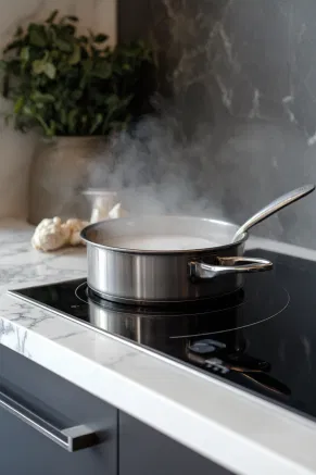 The pudding basin is placed in a steamer over simmering water on the white marble cooktop. The pudding steams gently for 7 hours, with the water level checked periodically to maintain a steady, gentle simmer throughout the steaming.