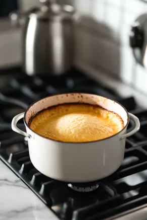 The pudding mold lowered into the stockpot of boiling water on the white marble cooktop, with water reaching halfway up the mold. The pot simmers gently, steaming the pudding for 90 minutes (or 3-4 hours if using suet), with water levels checked periodically.