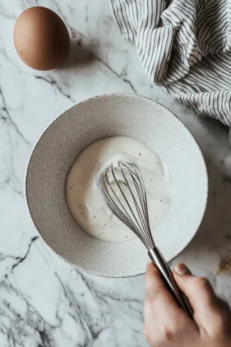 A whisk stirring the ingredients in the bowl on the white marble countertop, ensuring the sugar dissolves and creating a smooth, creamy base.