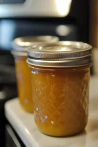 A glass jar filled with the finished caramel sauce sits on the white marble cooktop, tightly sealed for storage. The caramel's rich, golden color shines through, ready to be enjoyed or refrigerated for later use.