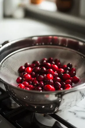 The bright cranberry mixture being strained through a fine mesh strainer into a bowl on the white marble cooktop, separating liquid from solids.