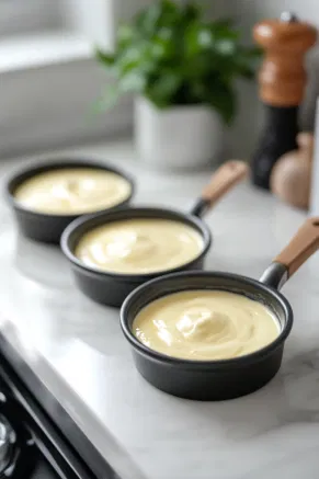 The cream mixture is strained through a fine sieve into molds on the white marble cooktop, ensuring a silky texture. The molds are prepped for refrigeration.