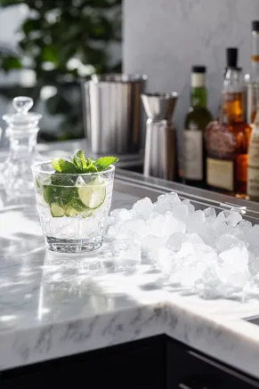 The cocktail shaker on the white marble cooktop is being strained into the prepared glass, filling it with a creamy, minty mojito mixture.