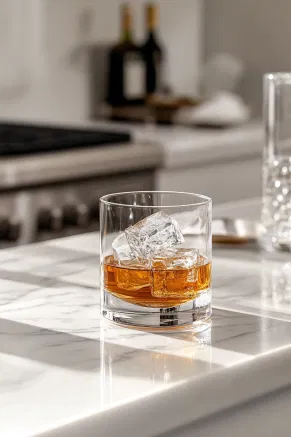 The chilled cocktail is strained from the clear mixing glass into a rocks glass on the white marble cooktop. Inside the rocks glass, a single large ice cube awaits as the smooth, amber liquid flows in, creating an inviting scene.