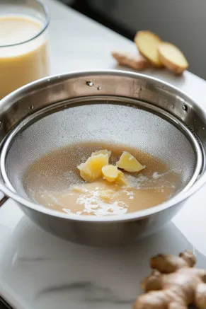 The custard base is poured through a fine mesh strainer into a bowl on the white marble cooktop, separating solids and ginger pieces for a smooth texture.