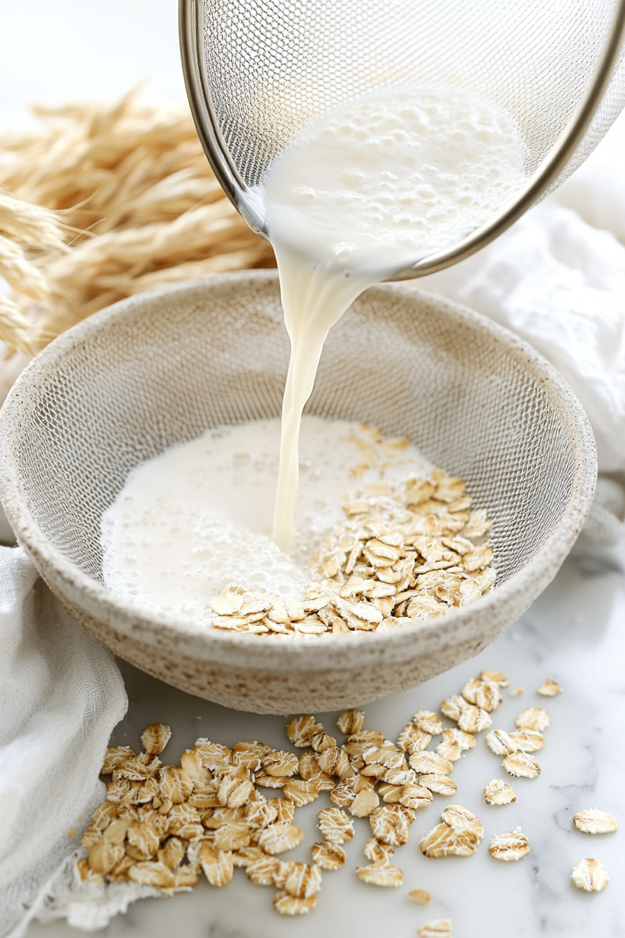 Freshly blended oat milk being poured through a fine mesh strainer into a large bowl on a white marble surface, surrounded by small spills of milk and leftover oat pulp.