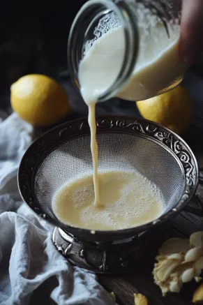 Lemon-infused Everclear being poured through a fine mesh sieve into the cooled milk mixture on a white marble cooktop, with a decorative bottle prepared for filling placed to the side.