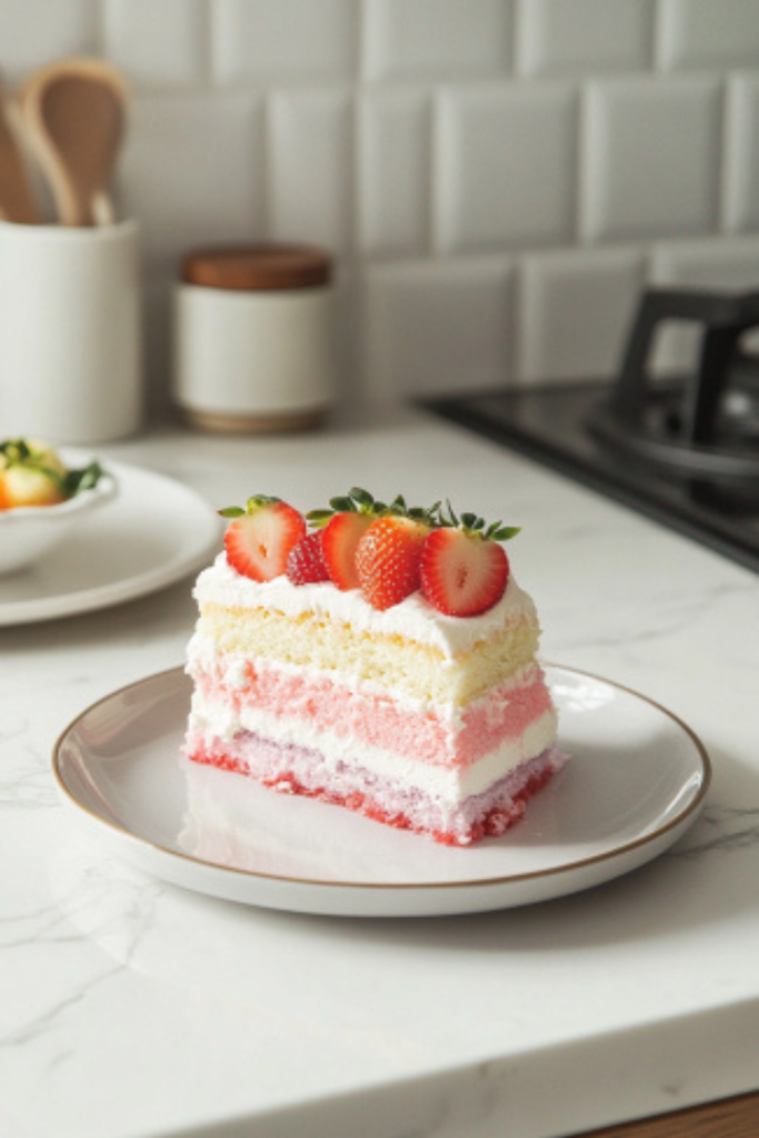 A slice of Strawberry Delight is served on a plate over the white marble cooktop, showcasing its colorful layers and creamy texture.