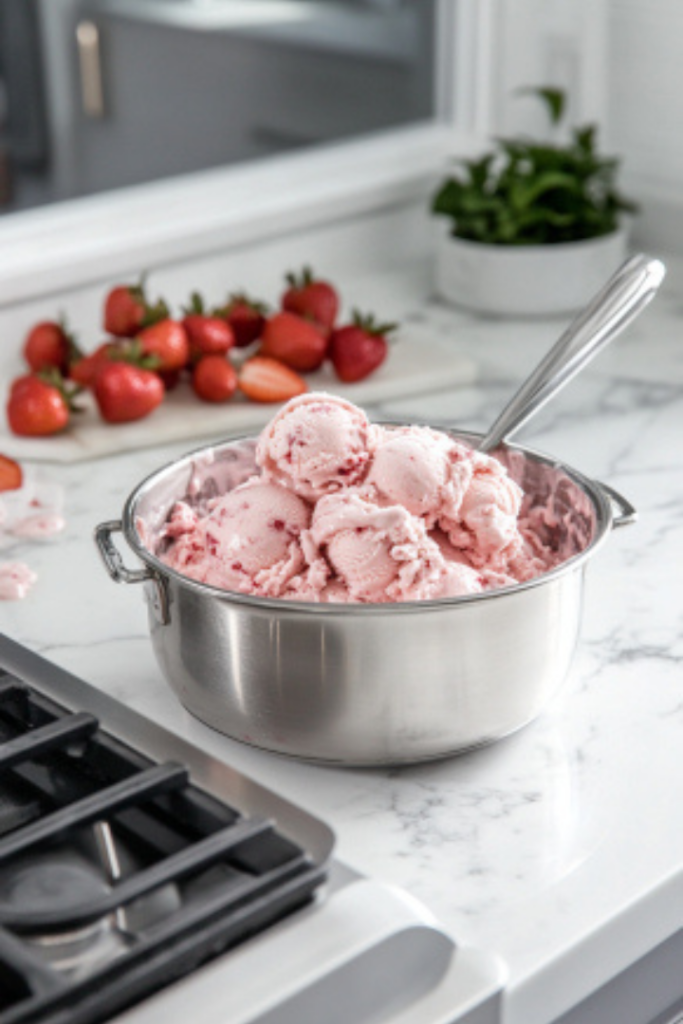 Scoops of creamy homemade strawberry ice cream served in a bowl on the white marble countertop, garnished with a fresh strawberry for a delightful presentation.