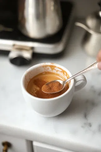 A cup of freshly brewed espresso on the white marble countertop with a spoon of cinnamon sugar being stirred in, creating a sweet and aromatic coffee base.