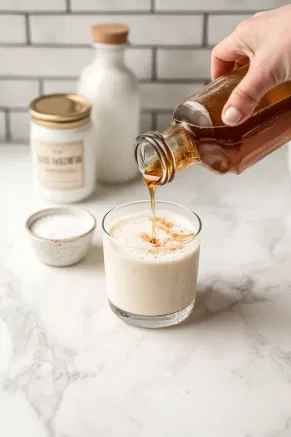 A hand pouring an extra drizzle of maple syrup into a glass of oat milk on a white marble countertop, with a bottle of maple syrup and a pinch bowl of sea salt placed nearby.