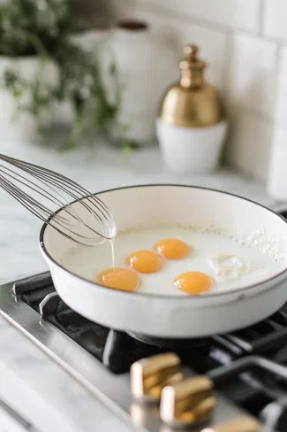 The tempered egg mixture is returned to the saucepan on the white marble cooktop, stirred over medium-low heat as it thickens slightly, reaching the ideal temperature of 170°F (76°C).