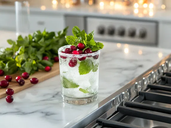 The finished mojito on the white marble cooktop is topped with a splash of club soda. Sugared cranberries are used to garnish the drink, adding a festive touch, ready to be enjoyed.