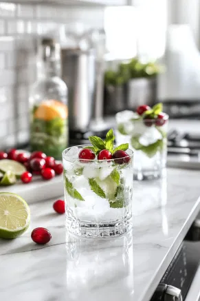 The finished mojito on the white marble cooktop is topped with a splash of club soda. Sugared cranberries are used to garnish the drink, adding a festive touch, ready to be enjoyed.