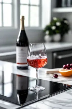 The glass on the white marble cooktop as a splash of club soda is added, slightly fizzing and enhancing the drink’s refreshing quality.