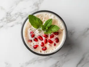 A completed cocktail in a Collins glass, topped with fizzy seltzer, garnished with a sprig of mint and vibrant pomegranate seeds, set on the white marble cooktop.