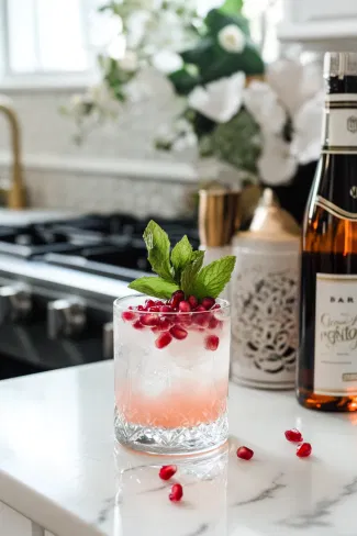 A completed cocktail in a Collins glass, topped with fizzy seltzer, garnished with a sprig of mint and vibrant pomegranate seeds, set on the white marble cooktop.