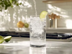 Sparkling water is gently poured into the tall glass on the white marble cooktop, filling it to the top. A lime wedge rests on the rim as a garnish, giving a bright, inviting touch to the finished drink.