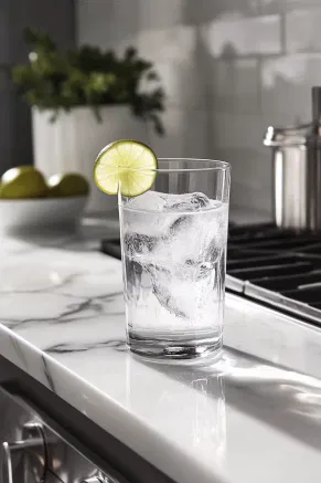 Sparkling water is gently poured into the tall glass on the white marble cooktop, filling it to the top. A lime wedge rests on the rim as a garnish, giving a bright, inviting touch to the finished drink.