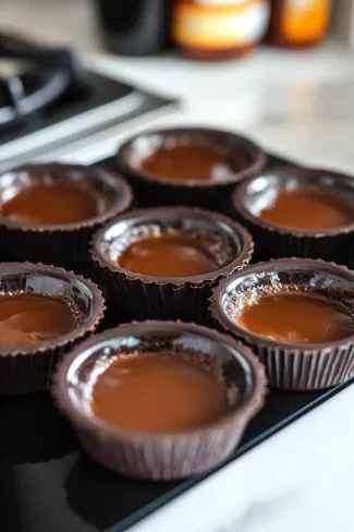 The pudding moulds being topped with additional chocolate batter on the white marble cooktop, sealing in the salted caramel and leaving space for rising.