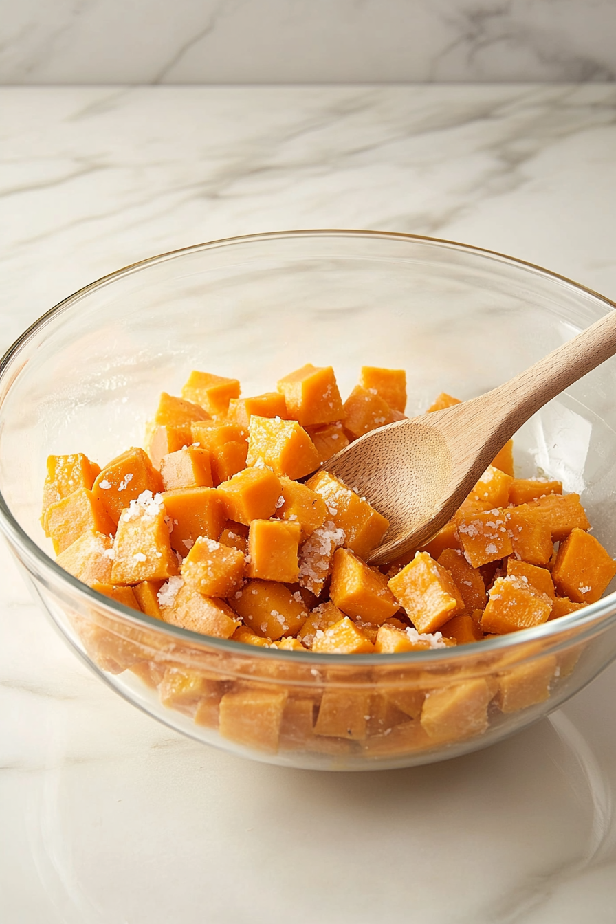 A large glass mixing bowl on a white marble cooktop with sweet potato cubes being tossed with olive oil and salt. A wooden spoon stirs the mixture, evenly coating each piece.