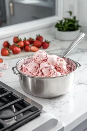 The churned strawberry ice cream being spooned into an airtight container on the white marble countertop, ready to be frozen.