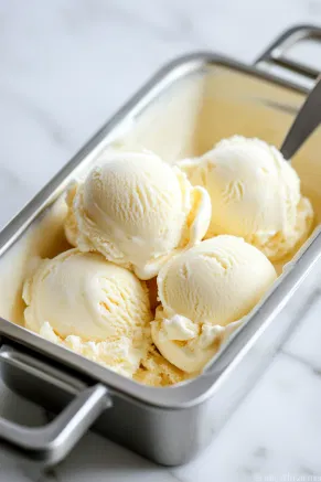 Scoops of frozen vanilla ice cream served in a bowl on the white marble countertop, ready to be enjoyed as a delicious treat.