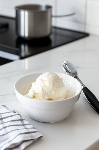 The ice cream and fruit cake mixture is being spooned into a 2-litre pudding bowl or dome-shaped mould on the white marble cooktop. The mould is covered with plastic wrap, preparing it for overnight freezing.