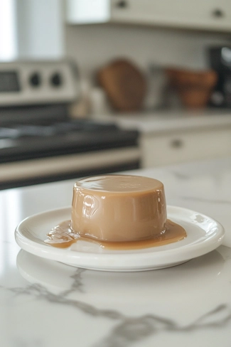 The frozen pudding mould is dipped into warm water on the white marble cooktop. The pudding is being released from the mould onto a serving plate and will be returned to the freezer to maintain its shape.