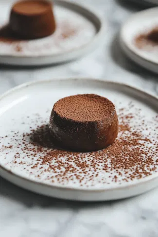 Freshly baked fondants turned out onto plates on the white marble cooktop, dusted lightly with cocoa powder, with molten chocolate starting to ooze from the center.