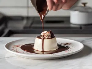 The panna cotta is shown unmolded onto a plate on the white marble cooktop, elegantly drizzled with the warm chocolate sauce, ready to be served chilled.