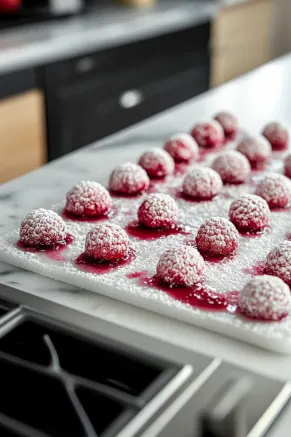 Frozen raspberry domes carefully unmolded from black dome molds onto the jam-covered cake circles on the white marble cooktop, sitting flat-side down.