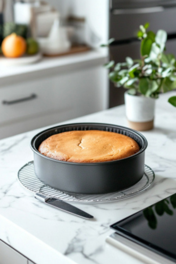 A beautifully baked Vanilla Cake sits on a cooling rack over the white marble cooktop. The cake has a golden-brown top with a fluffy texture visible from the side. A slice has been cut out, showing the moist, tender crumb inside, and the cake is lightly dusted with powdered sugar, making it look inviting and ready to serve.