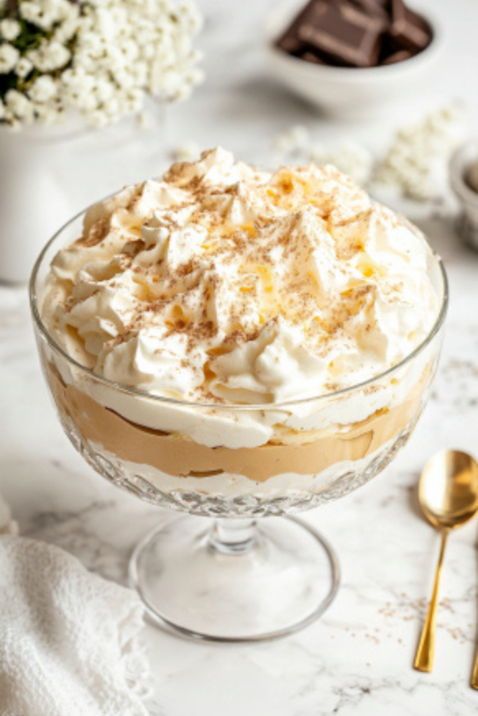 The trifle dish rests on the white marble cooktop, its whipped cream layer topped with a sprinkle of finely grated dairy-free blonde or white chocolate. This final touch completes the elegant, vegan trifle, ready for serving.