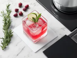 The square glass filled with the prepared mocktail on the white marble cooktop, ready to enjoy with bold flavors and a refreshing garnish.