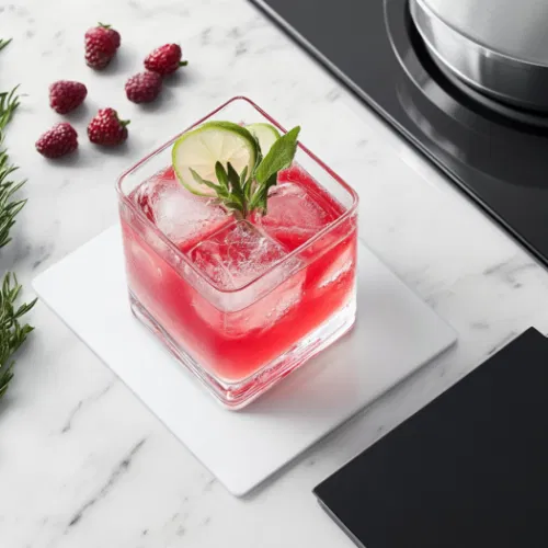 The square glass filled with the prepared mocktail on the white marble cooktop, ready to enjoy with bold flavors and a refreshing garnish.