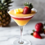 The finished mocktail in the martini glass on the white marble cooktop, garnished with a fresh strawberry on the rim, ready to serve as a refreshing tropical fusion drink.