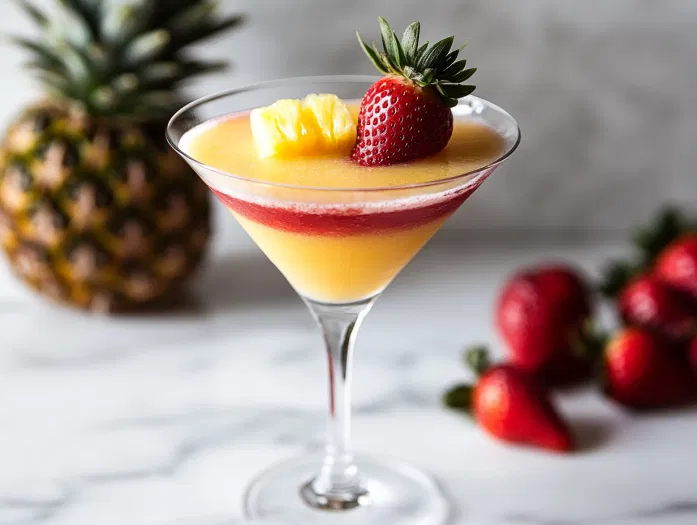 The finished mocktail in the martini glass on the white marble cooktop, garnished with a fresh strawberry on the rim, ready to serve as a refreshing tropical fusion drink.