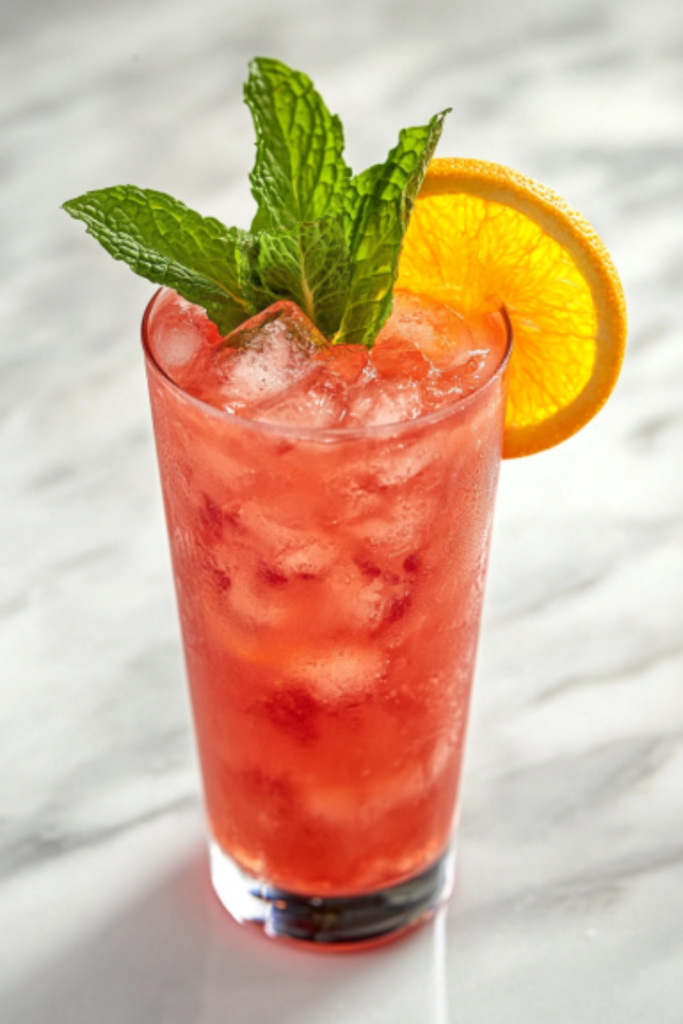 A glass of layered fruit punch served over ice with slices of orange, lemon, and lime, garnished with apple pieces, ready to enjoy