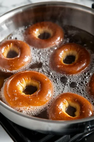 A large, wide pot on the white marble cooktop is filled with water and honey, brought to a gentle boil. The bagels are added in batches, boiling for 1 minute on each side, creating a smooth, shiny finish.