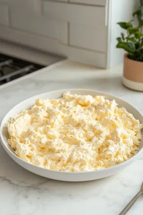 A bowl on the white marble cooktop containing cream cheese, sour cream, and heavy cream being whipped with an electric mixer into a smooth, fluffy consistency.