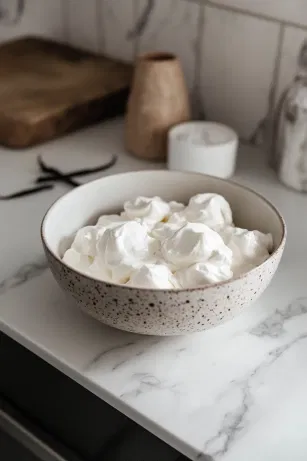 A mixing bowl on the white marble cooktop filled with cold double cream, vanilla bean paste, and sifted icing sugar. The mixture is whipped to stiff peaks, forming a smooth filling for the pavlova.