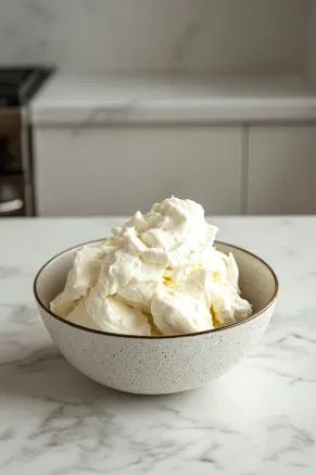 A bowl on the white marble cooktop contains double cream being whipped to stiff peaks. Kirsch is optionally added and gently whisked in, creating a lightly flavored, creamy topping for the dessert.