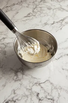 A mixing bowl on the white marble countertop containing sweetened cream being whisked by hand, forming soft peaks for the topping.