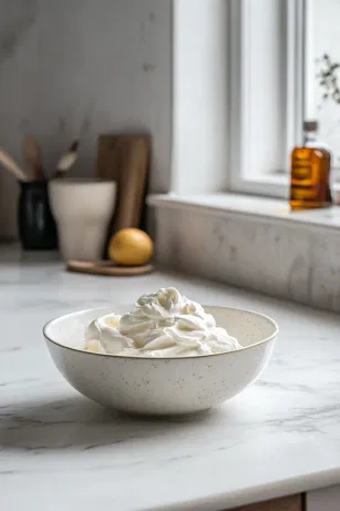 A bowl of double cream on the white marble cooktop is being whipped to soft peaks, with an optional splash of kirsch for added flavor. The cream is ready to be spread over the baked meringue base.