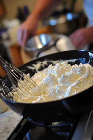 A black mixing bowl on a white marble cooktop holds heavy whipping cream being whisked to stiff peaks. The fluffy cream is prepared to be folded into the coconut mixture.